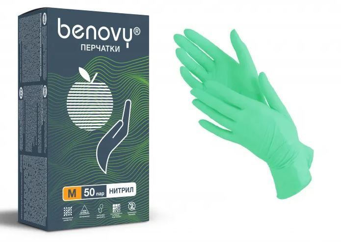 Перчатки нитриловые зеленые размер M, 100 шт, BENOVY Nitrile MultiColor 
